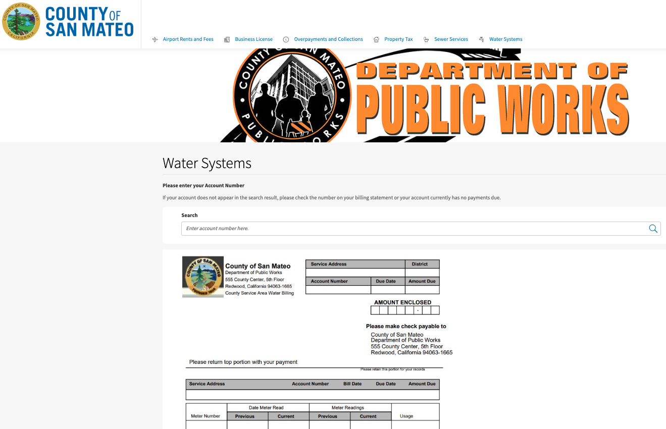Image of County water bill web page